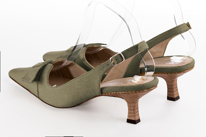 Khaki green women's open back shoes, with a knot. Tapered toe. Medium spool heels. Rear view - Florence KOOIJMAN